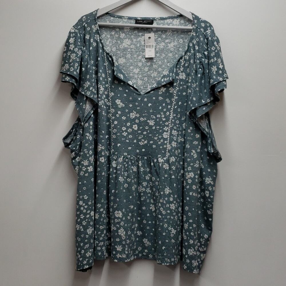 Lane Bryant Top Women's 34/36 Linen Blend Floral Boho Peasant Flutter Sleeve